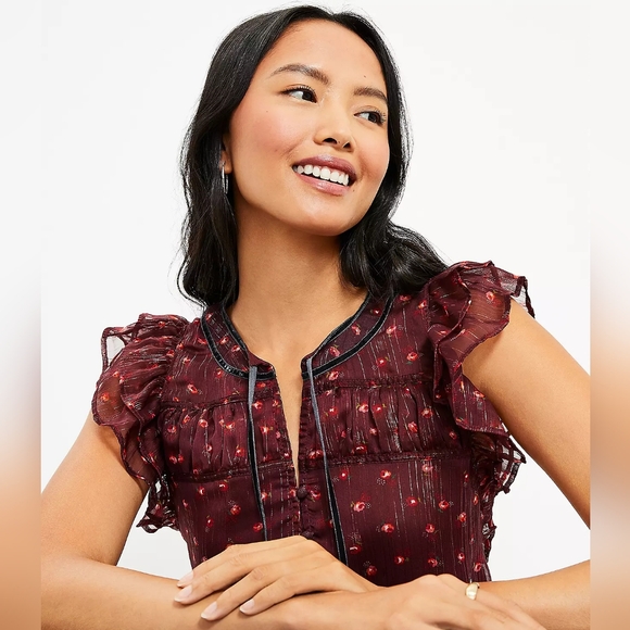 LOFT Shimmer Floral Velvet Tie Neck Shell - Picture 4 of 6